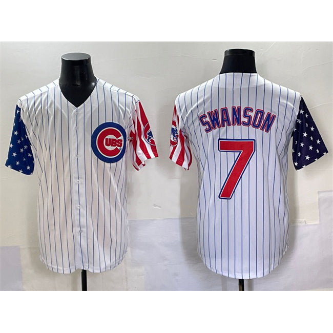 Colte Chicago Cubs #7 Dansby Swanson White  Pinstripe 2025 Independence Day Vapor Premier Limited Stitched Jersey