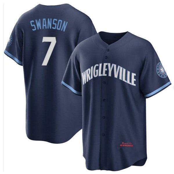 Colte Chicago Cubs #7 Dansby Swanson Navy  City Connect Cool Base Stitched Jersey